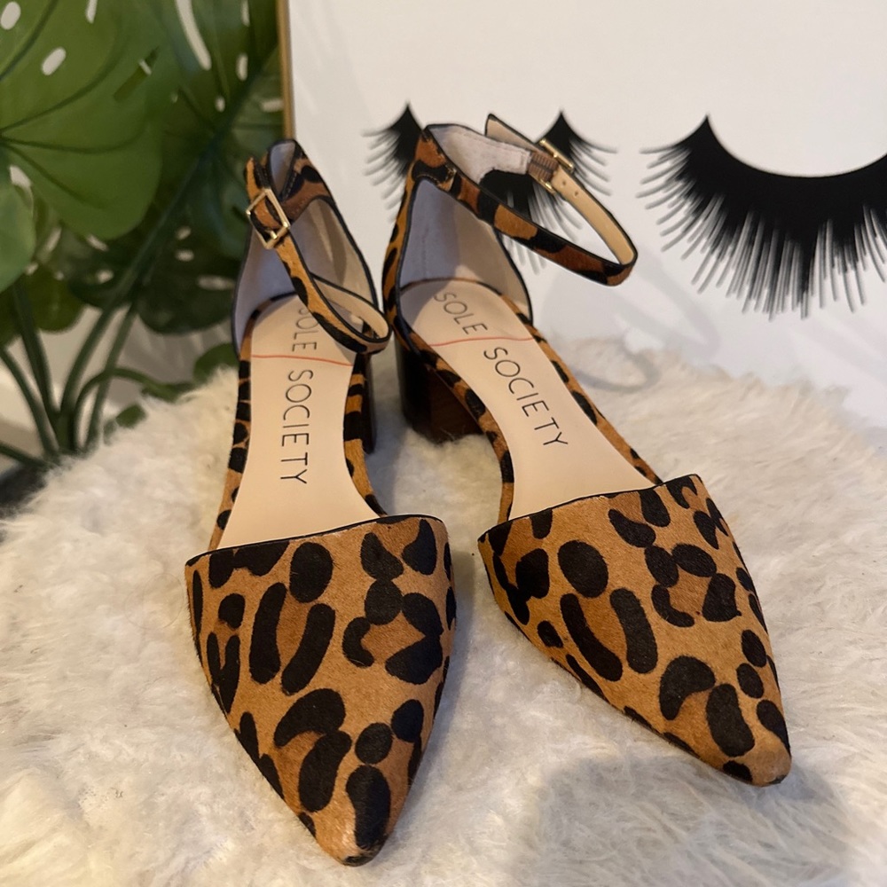 Sole Society Katarina Leopard Calf Hair Ankle strap heel